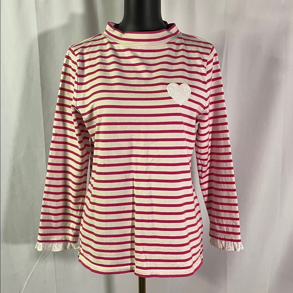 Talbots Pink & White Striped Heart Accent Long Ruffle Sleeve Mock Neck Top